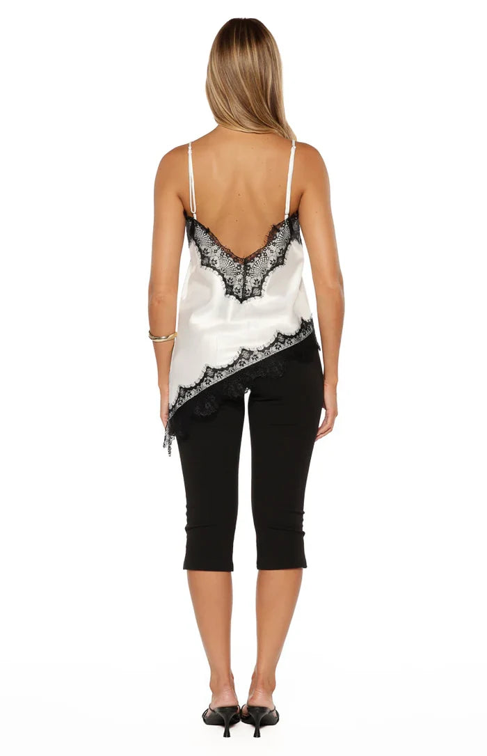 Ziva White Satin Lace Trim Asymmetrical Top